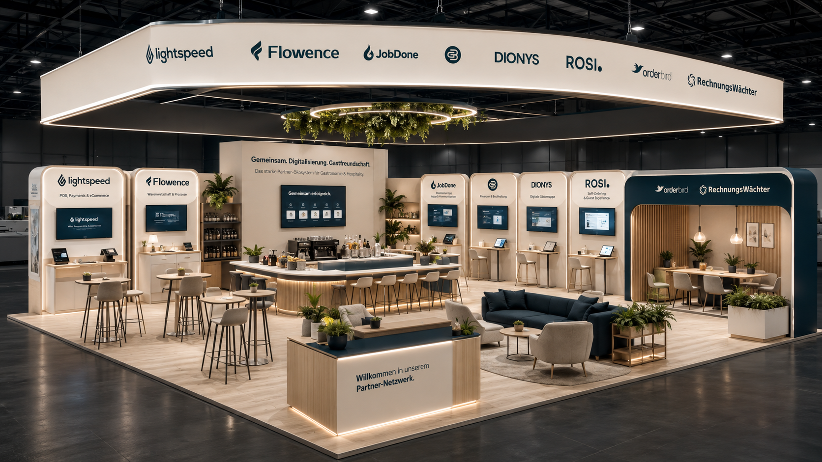 Visualisierung eines möglichen gemeinsamen Messestands mit Partnerbereichen, Lounge und Barbereich