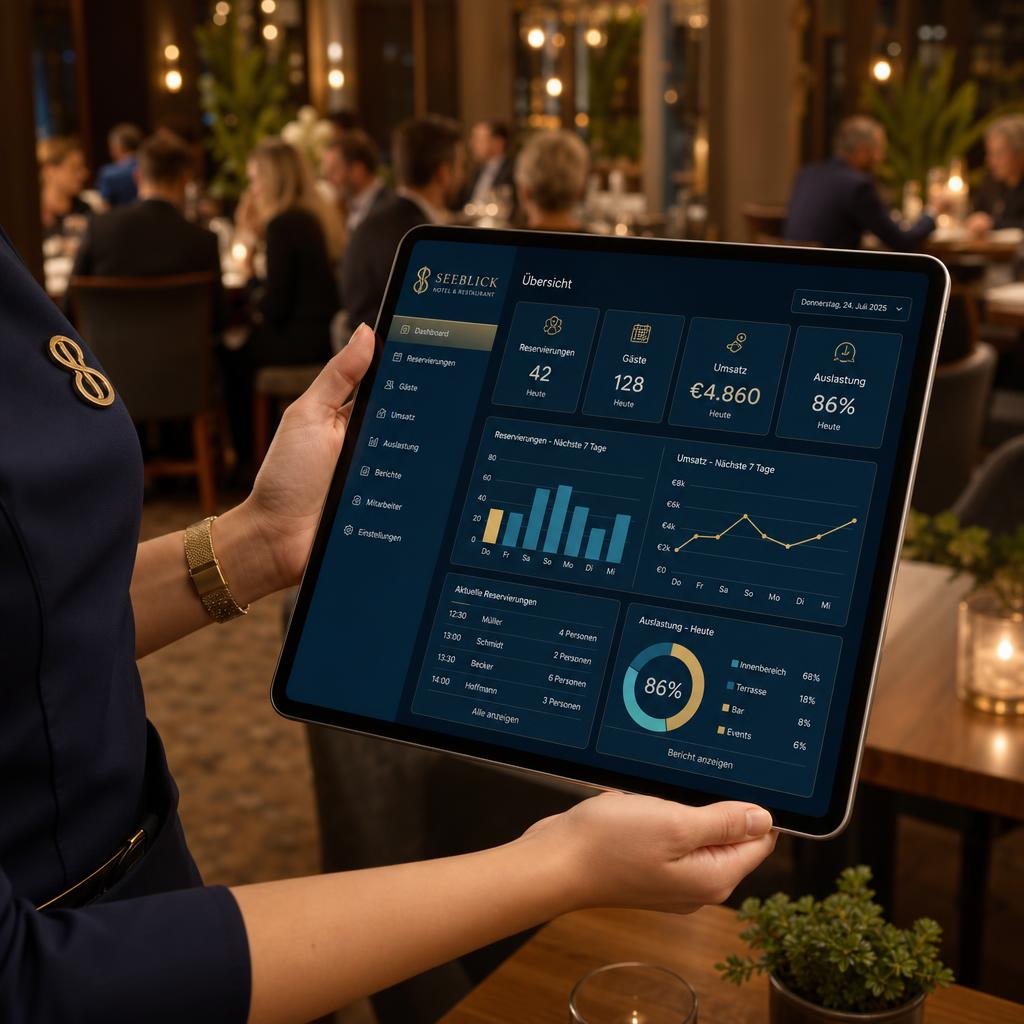 Moderne Hotel-Rezeption mit Tablet und digitaler Steuerung